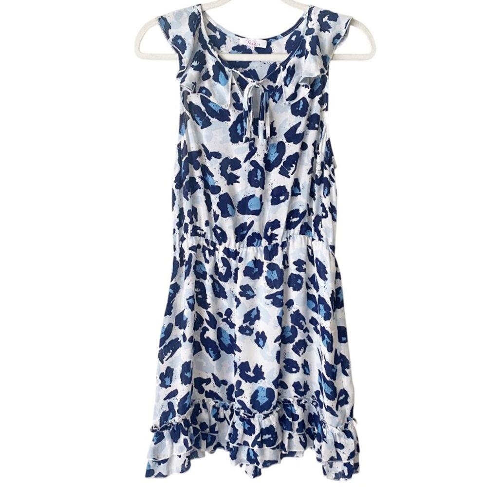 Parker | Snow Leopard Animal Print Mini Dress Sleeveless Blue White Medium
